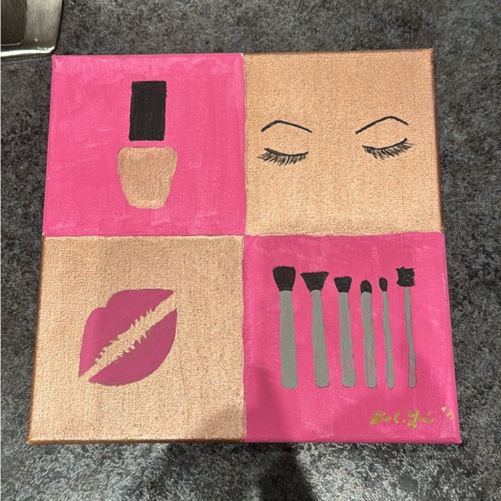Hand painted pink & bronze/gold color bathroom decor